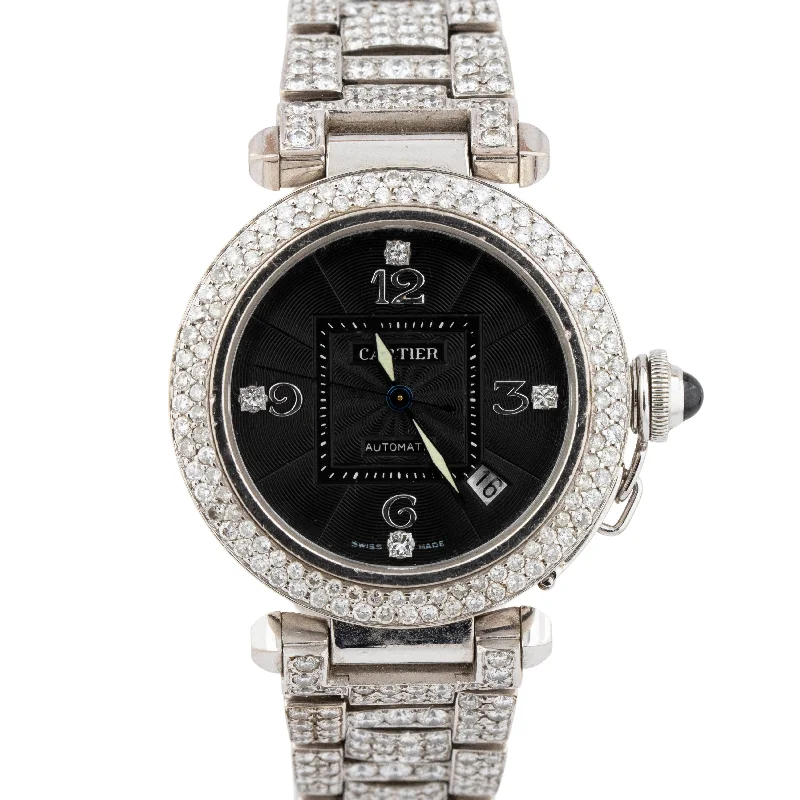 Cartier Pasha Black 38mm DIAMOND 18K White Gold Steel Automatic Date Watch 2353