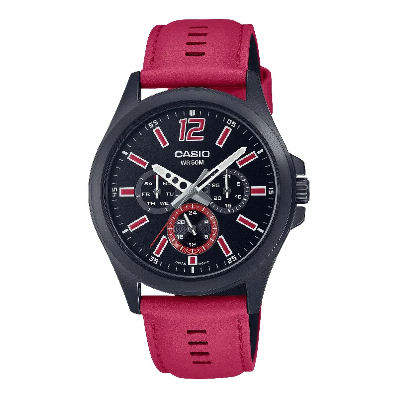 Casio Men's Analog Red Leather Strap Watch MTPE350BL-1B MTP-E350BL-1B