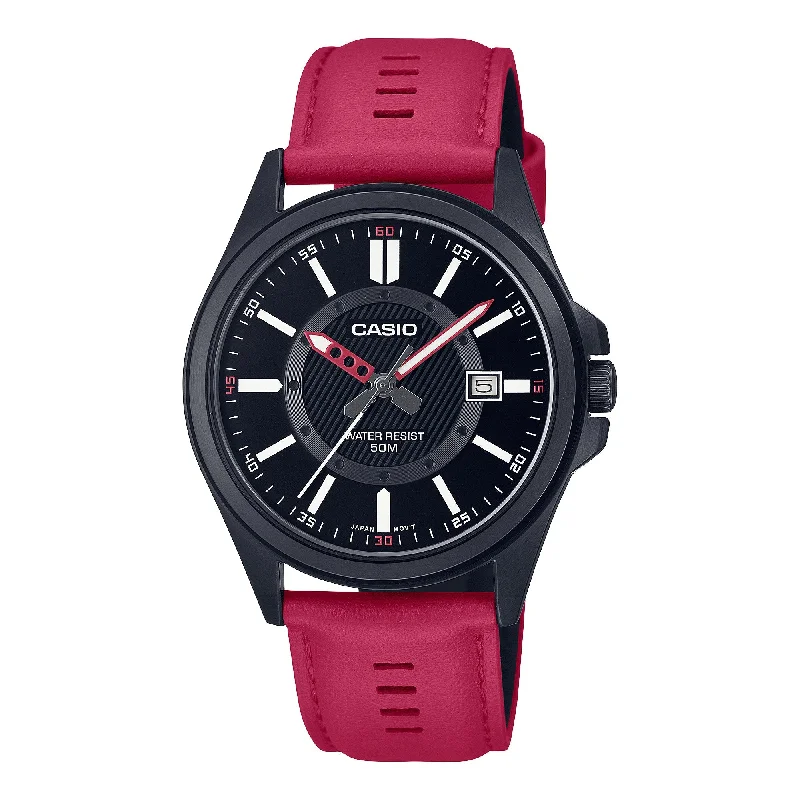 Casio Men's Analog Red Leather Strap Watch MTPE700BL-1E MTP-E700BL-1E