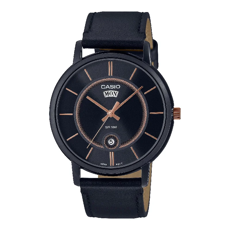 Casio Men's Analog Black Leather Strap Watch MTPB120BL-1A MTP-B120BL-1A