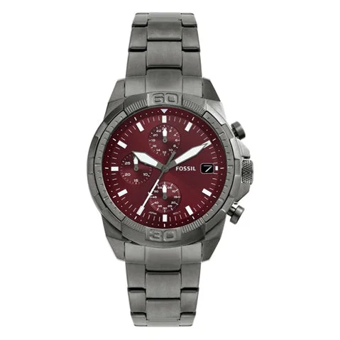 Fossil Analog Burgundy Dial Men's Watch-Stainless Steel, silver Strap FS6017