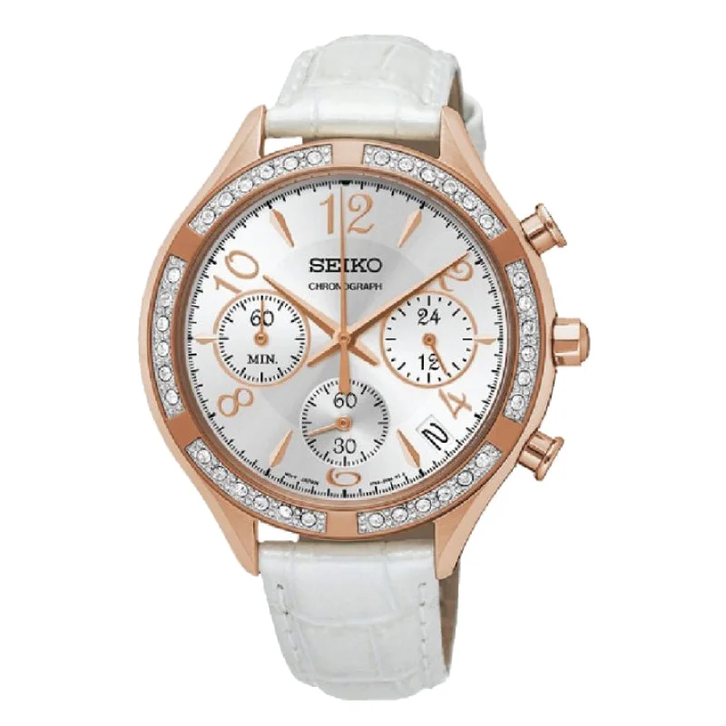 Seiko Ladies Chronograph White leather Strap Watch SSB888P1