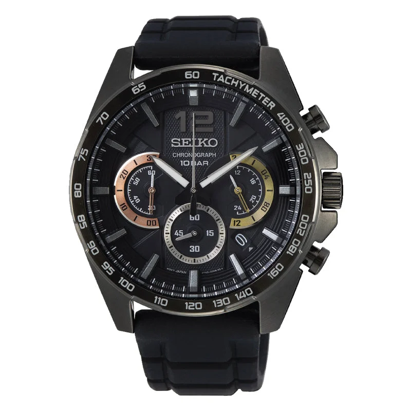 Seiko Chronograph Black Silicon Strap Watch SSB349P1