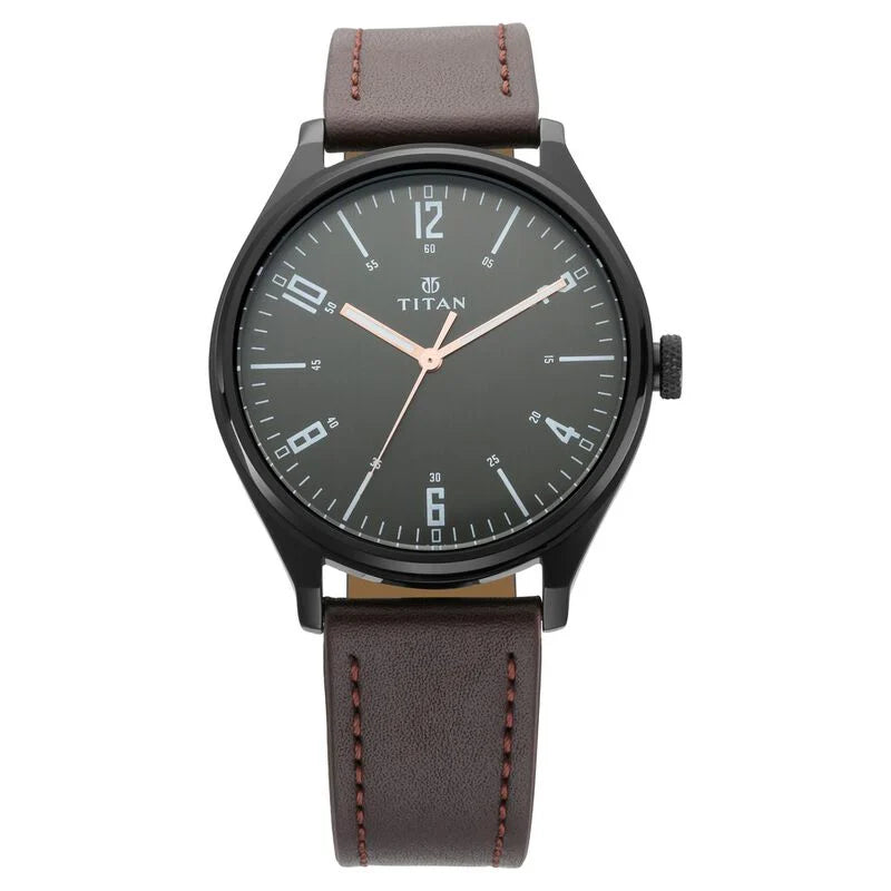 Titan Men's Minimalist Zen Watch Black: Sleek Leather Strap with Contrast Hands 1802nl01