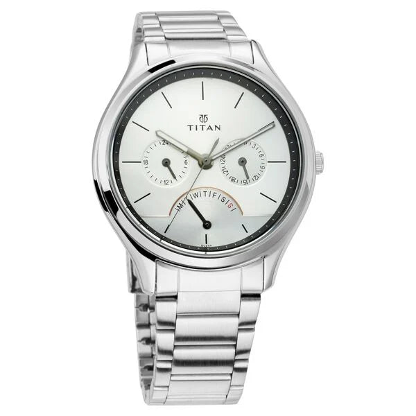 Titan Quartz Multifunction Silver Dial Watch for Men 1803sm01